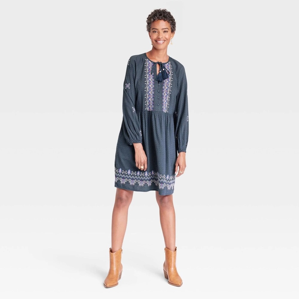 Knox Rose Dresses Women's Balloon Long Sleeve Embroidered Dress Knox Rose size L